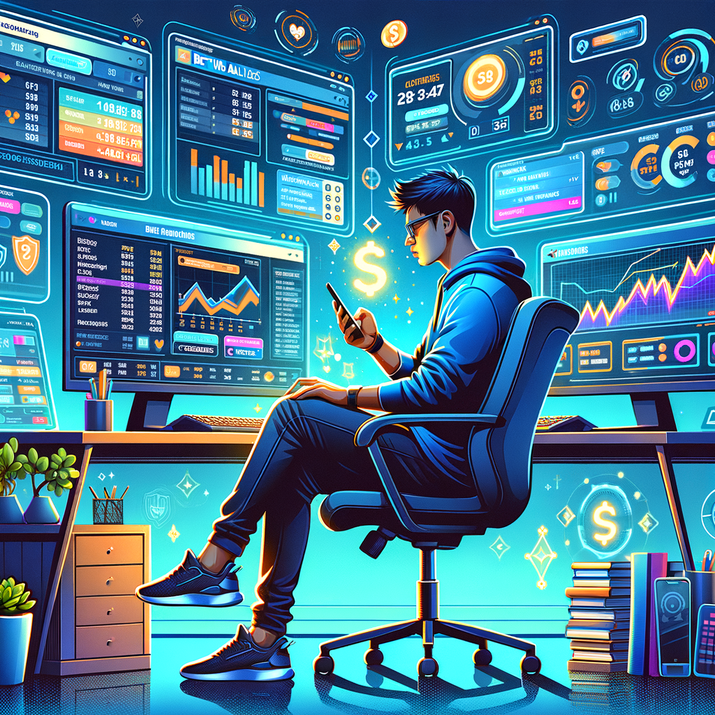 A digital illustration showing a modern tech-savvy individual working across multiple screens at a stylish home setup. One monitor displays betting analytics and odds, while another shows code and task lists. The person is also checking stats on their smartphone. Around them are holographic UI elements like charts, dollar signs, browser tabs, and digital badges. The mood is productive and futuristic. Style: sleek, semi-realistic, vector-based with bold colors—ideal for a technology and internet blog.