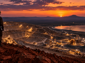 Investigative journalist overlooking Tanzania gold mine — mining investigations documentary photography