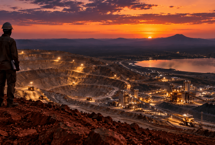 Investigative journalist overlooking Tanzania gold mine — mining investigations documentary photography